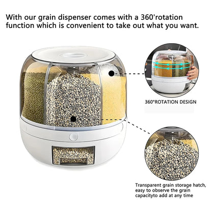 360° Rotating 6-Grid Food Dispenser – Cereal, Rice & Grain Storage Organizer