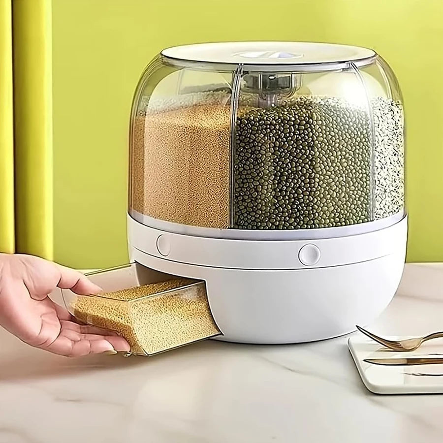 360° Rotating 6-Grid Food Dispenser – Cereal, Rice & Grain Storage Organizer