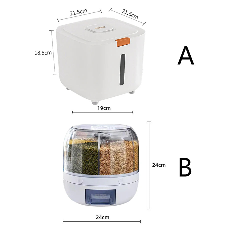 360° Rotating 6-Grid Food Dispenser – Cereal, Rice & Grain Storage Organizer