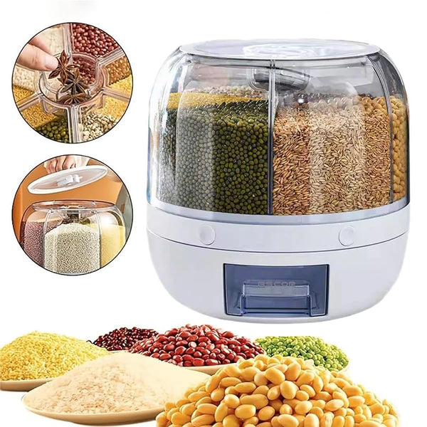 360° Rotating 6-Grid Food Dispenser – Cereal, Rice & Grain Storage Organizer