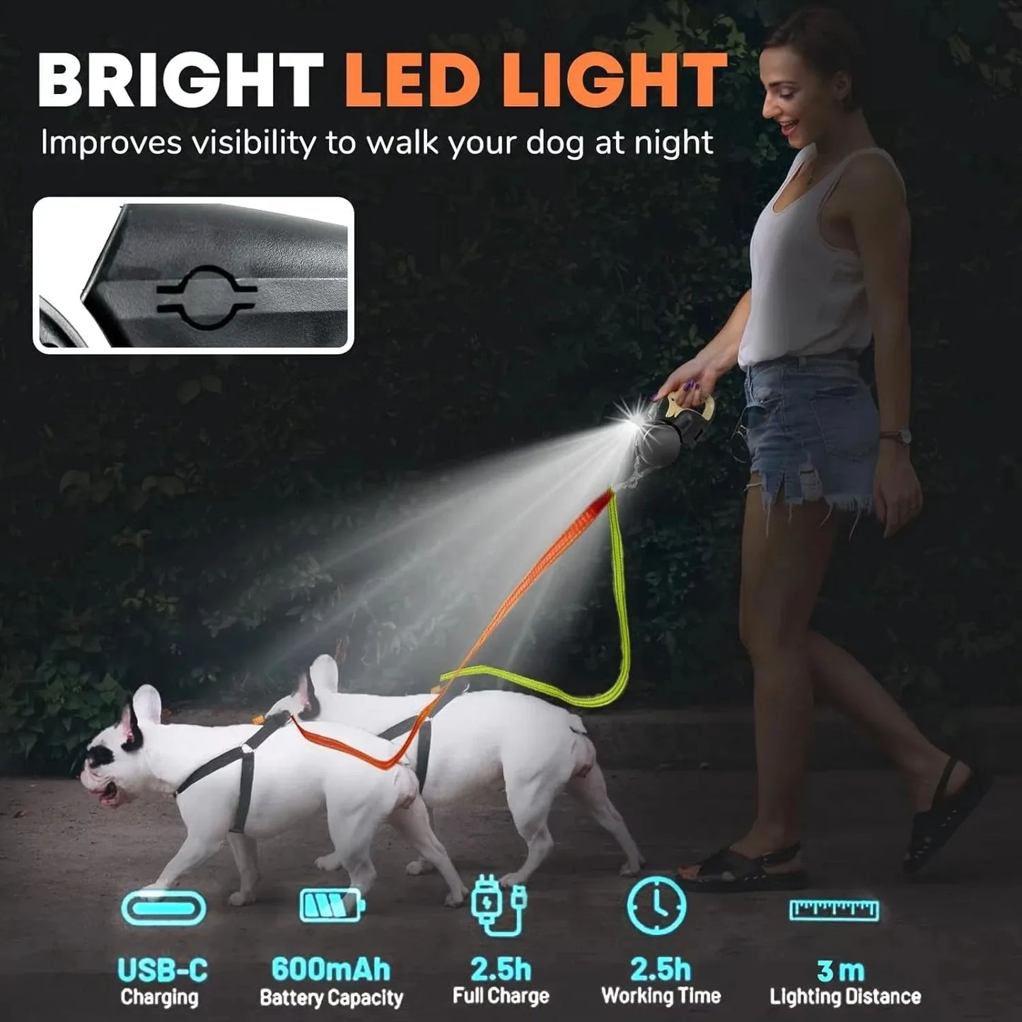 Nexora 3M Retractable LED Dog Leash – No-Tangle 360° Swivel Reflective Walking Lead for Small Dogs