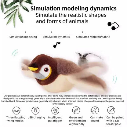 Nexora Interactive Flapping Bird Cat Toy – Rechargeable Chirping Plush Toy with Touch Activation