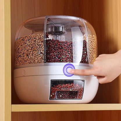 360° Rotating 6-Grid Food Dispenser – Cereal, Rice & Grain Storage Organizer