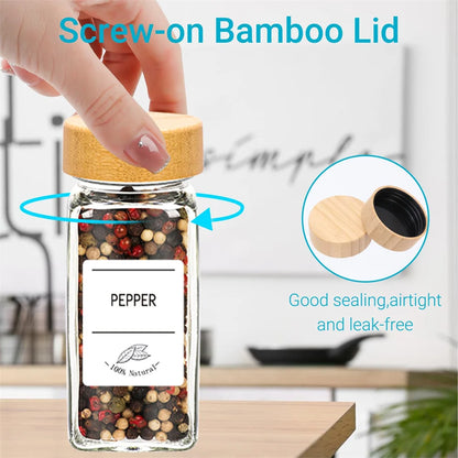 Nexora™ Glass Spice Jar Set with Bamboo Lids, Labels & Funnel – Kitchen Spice Organizer