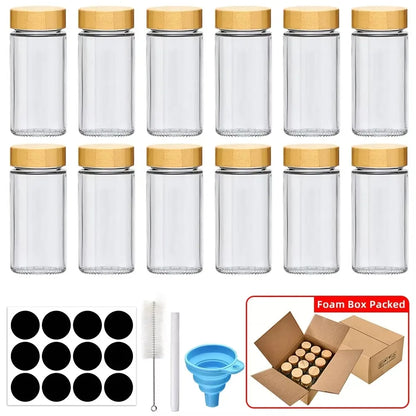 Nexora™ Glass Spice Jar Set with Bamboo Lids, Labels & Funnel – Kitchen Spice Organizer