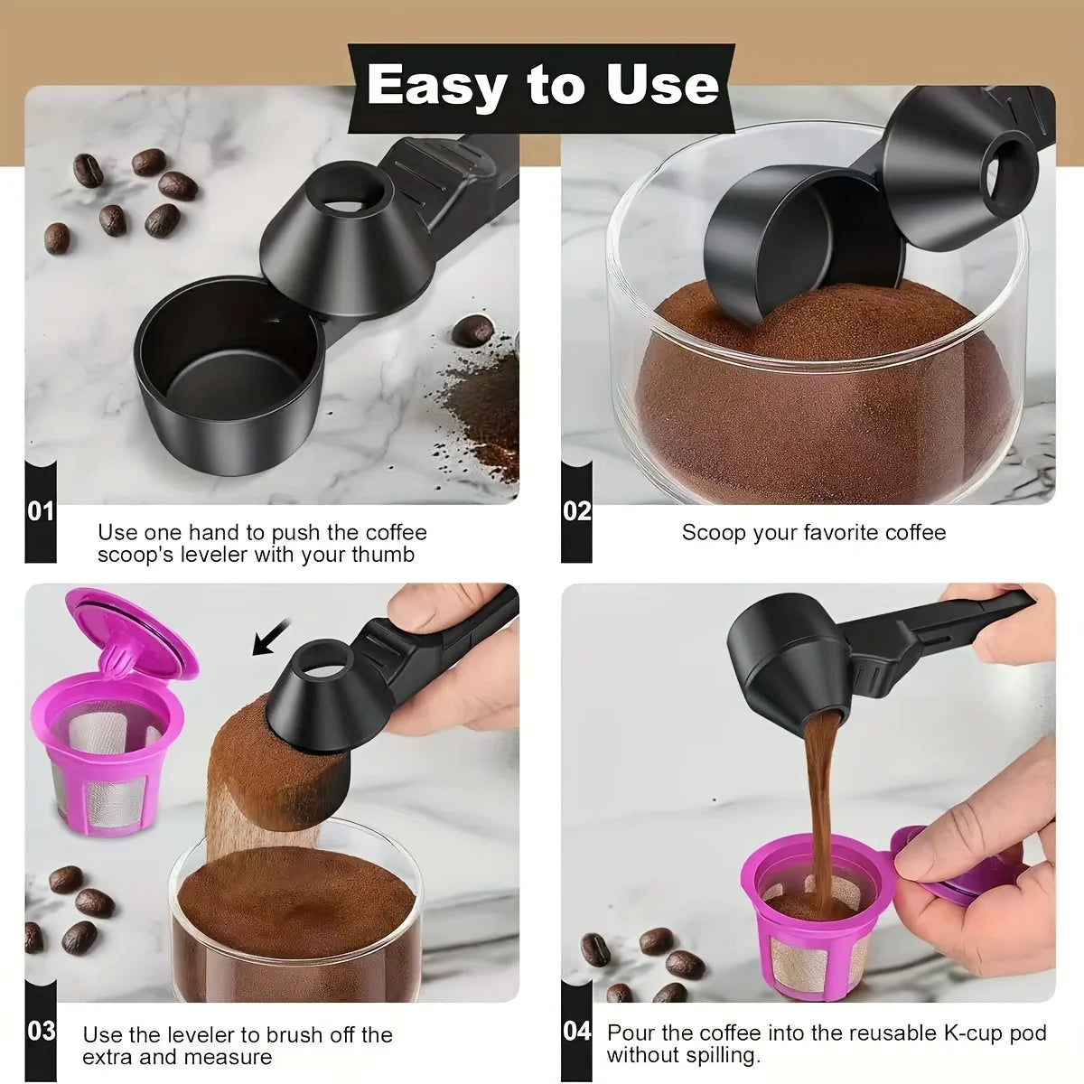 Nexora Coffee Scoop & Funnel Protein Powder Measuring Spoon Sliding Holder for Reusable K-Cup Refillable Ground Coffee Pod Kitchen Tool