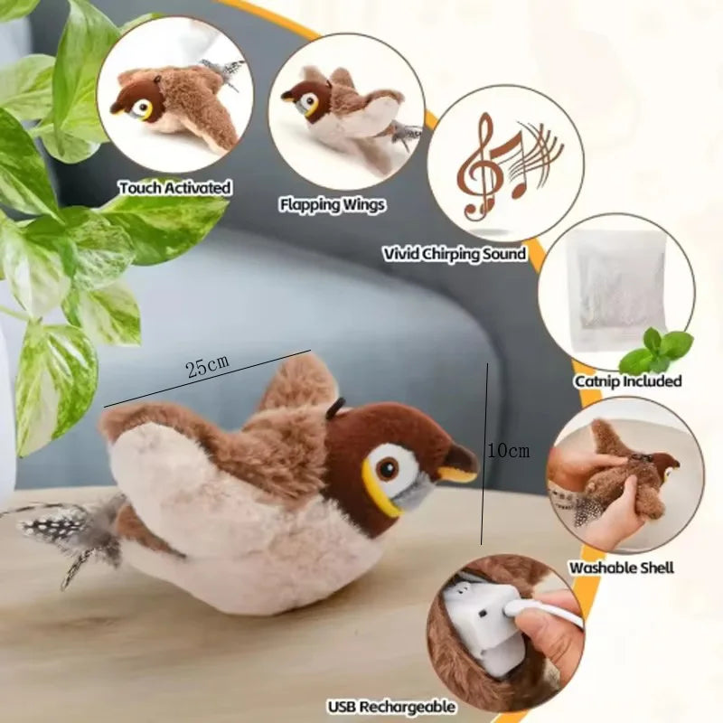 Nexora Interactive Flapping Bird Cat Toy – Rechargeable Chirping Plush Toy with Touch Activation
