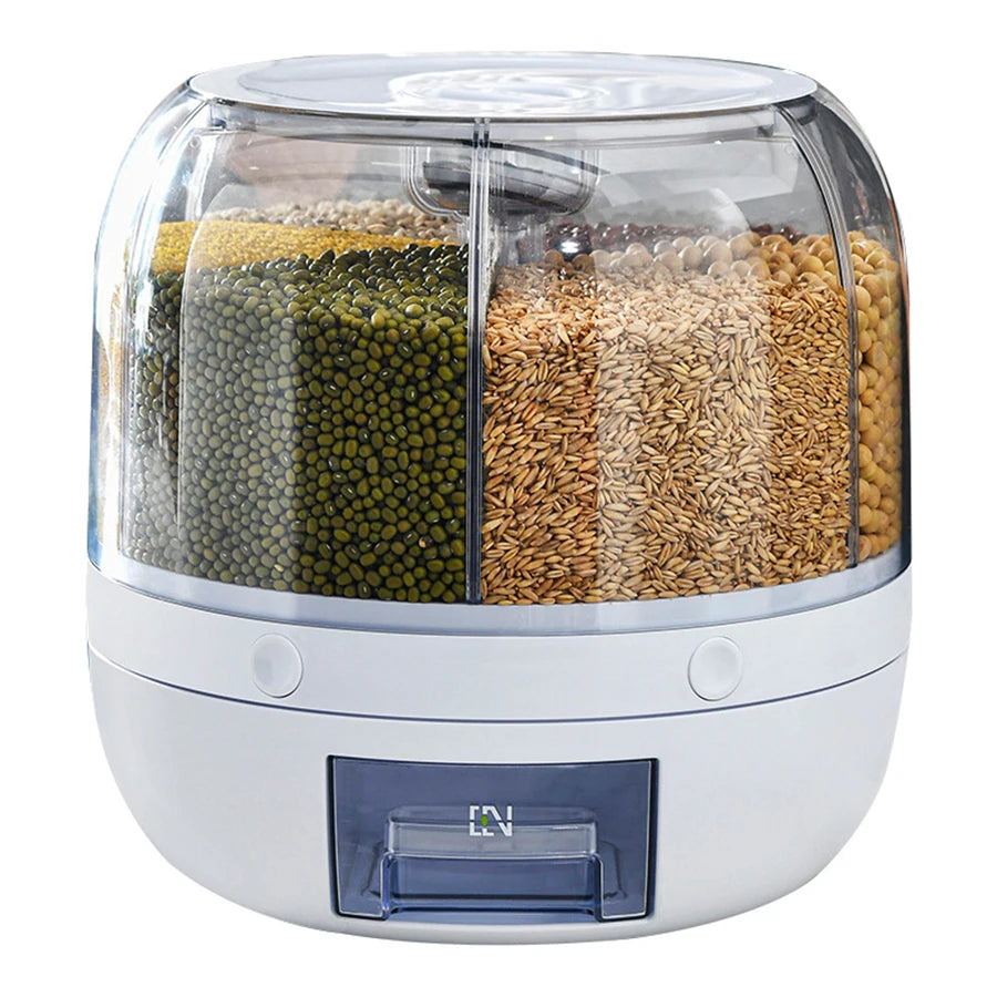 360° Rotating 6-Grid Food Dispenser – Cereal, Rice & Grain Storage Organizer