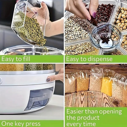 360° Rotating 6-Grid Food Dispenser – Cereal, Rice & Grain Storage Organizer